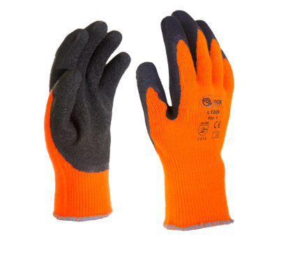 Gestrickter Winterhandschuh, orange mit schwarzer Latexbeschichtung, Größe 9, Material: Acryl/Lycra