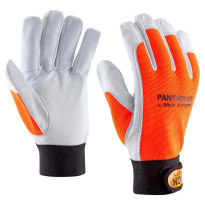 Handschuh aus Kernziegenleder mit warnorange Handrücken und Klettverschluss, Größe 8