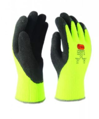 Gestrickter Winterhandschuh gelb mit schwarzer Latexschaum-Handflächen- und Daumenbeschichtung, Größe 9, mit flauschigem Futter