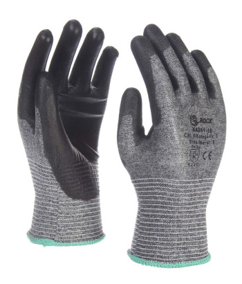 Grauer dünner Handschuh mit Schnittfestigkeit Stufe 3, mit schwarzer PU-Beschichtung, Größe: 6