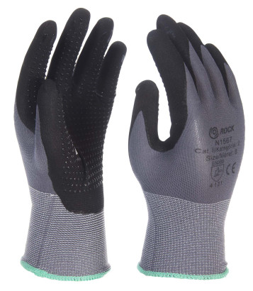 Nylon/Spandex Handschuh, grau, mit schwarzer Mikro-Schaum-Nitril-Handflächenbeschichtung, Handfläche PU-gepunktet, Größe 7