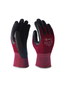 Baumwolle/Spandex -Strickhandschuh, rot, schwarz mit Schaumlatex-Handflächenbeschichtung, Größe 7, Nadelfeinheit 13