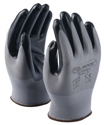 Polyester-Handschuh, grau, schwarz mit Nitril-Handflächenbeschichtung, Größe 7