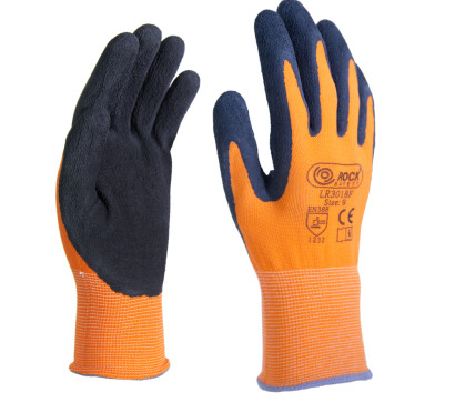 Polyester-Strickhandschuh, orange, schwarz mit Schaumlatex-Handflächenbeschichtung, Größe 7, Nadelfeinheit 13
