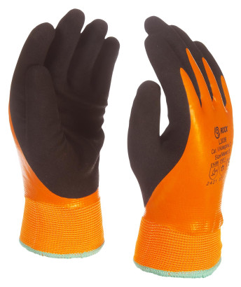 Bis zum Handgelenk wasserdichter gefütterter Handschuh, orange, mit schwarzer Latex-Beschichtung, Größe: 7
