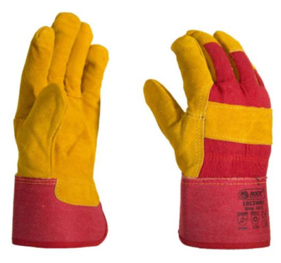 Winterhandschuh mit Handfläche aus Rindspaltleder, gelb mit Handrücken aus rotem Leinen, Größe 10,5, mit Filzfutter