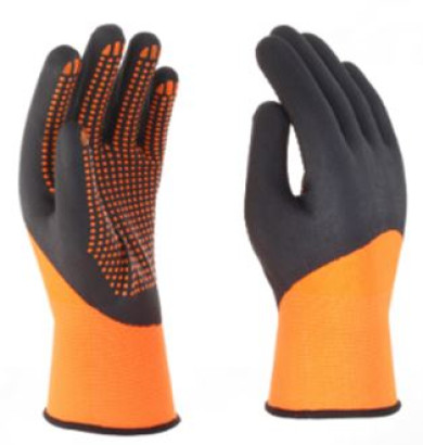 Polyester/Spandex-Handschuh orange, bis zum 3/4 mit schwarzer Nitrilbeschichtung. mit orange Nitrilpunkten auf der Handfläche, Größe 10