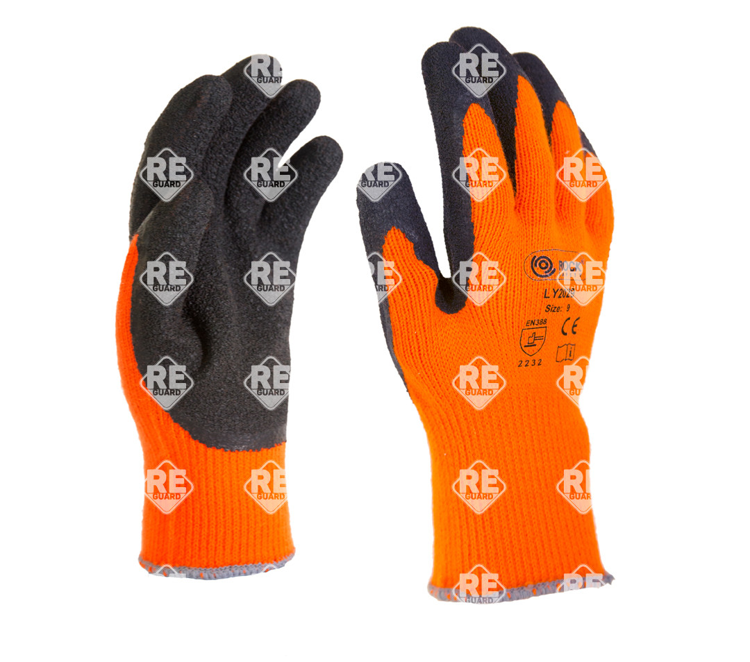 Gestrickter Winterhandschuh, orange mit schwarzer Latexbeschichtung, Größe 9, Material: Acryl/Lycra