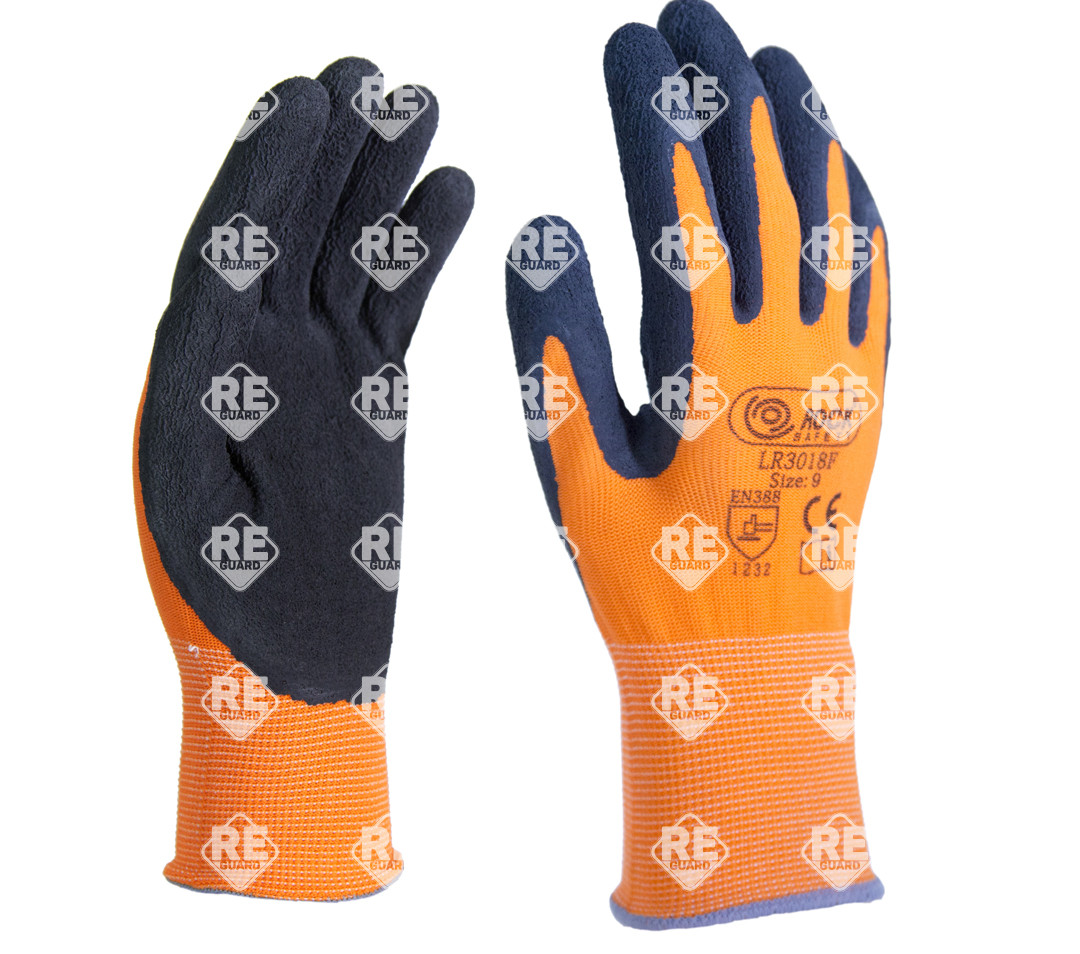 Polyester-Strickhandschuh, orange, schwarz mit Schaumlatex-Handflächenbeschichtung, Größe 7, Nadelfeinheit 13