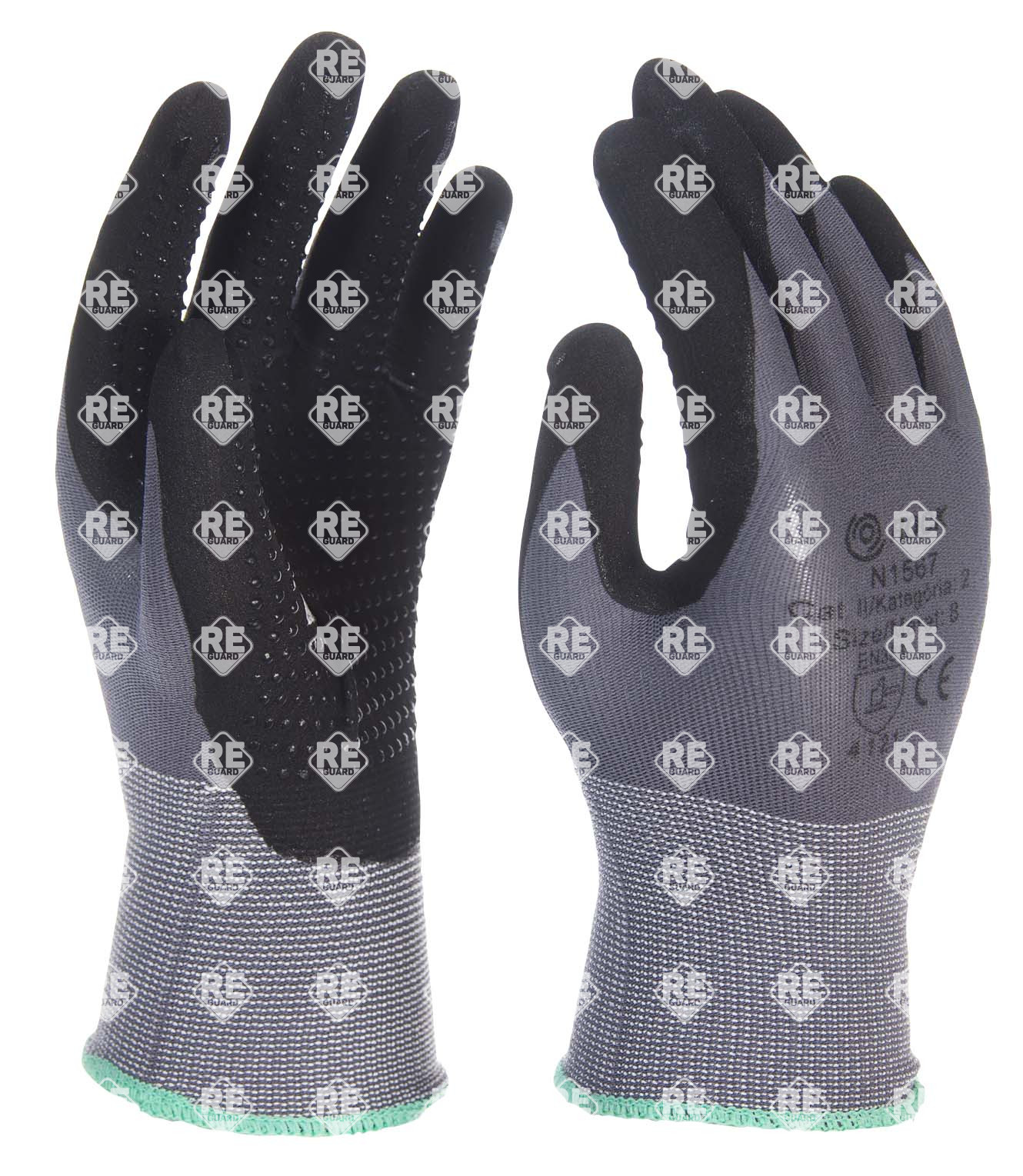 Nylon/Spandex Handschuh, grau, mit schwarzer Mikro-Schaum-Nitril-Handflächenbeschichtung, Handfläche PU-gepunktet, Größe 7