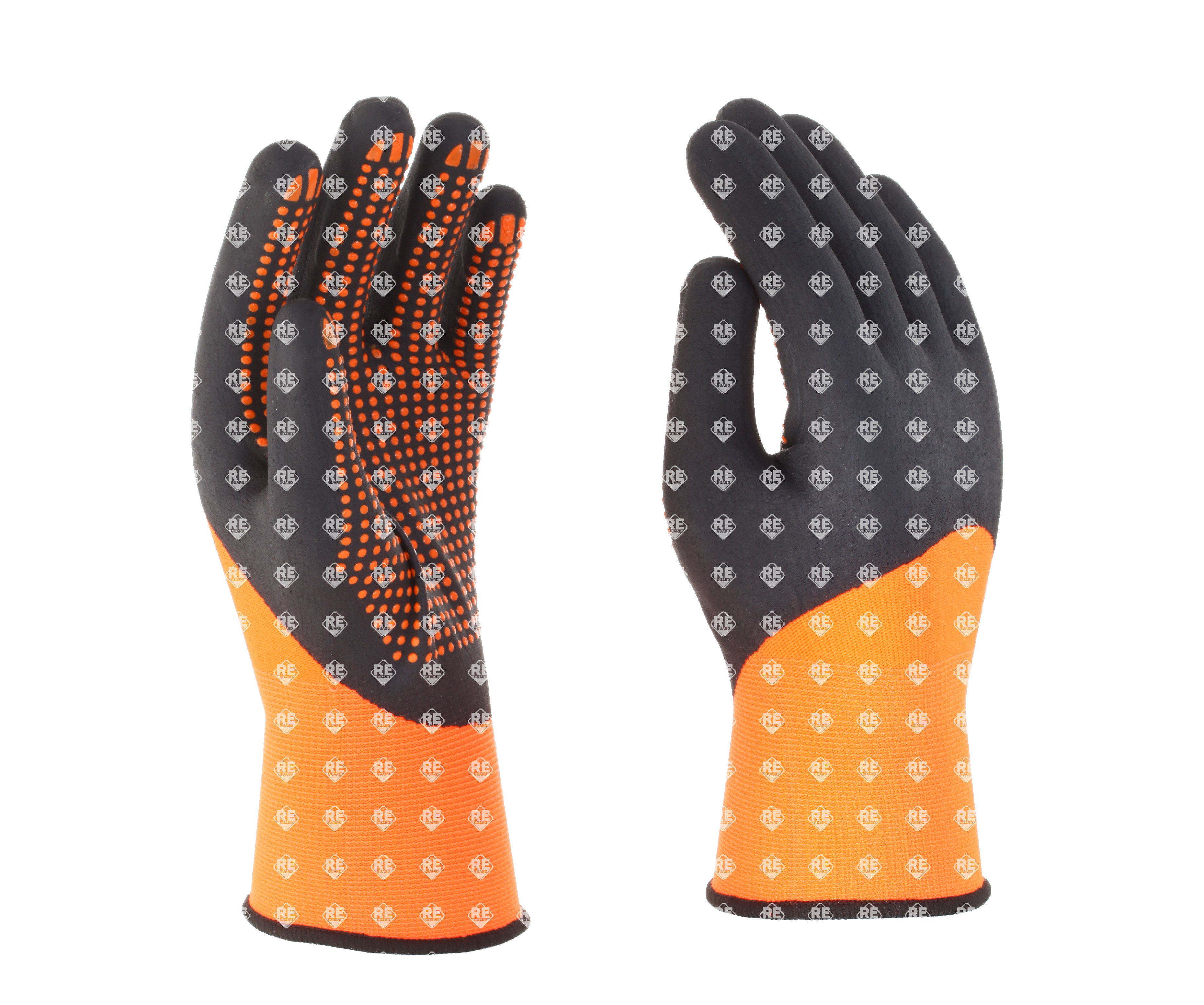 Polyester/Spandex-Handschuh orange, bis zum 3/4 mit schwarzer Nitrilbeschichtung. mit orange Nitrilpunkten auf der Handfläche, Größe 10