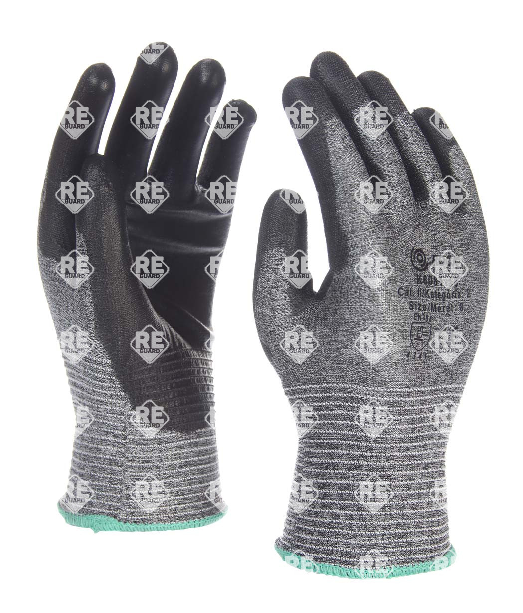 Grauer dünner Handschuh mit Schnittfestigkeit Stufe 3, mit schwarzer PU-Beschichtung, Größe: 6