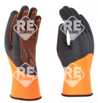Polyester/Spandex-Handschuh orange, bis zum 3/4 mit schwarzer Nitrilbeschichtung. mit orange Nitrilpunkten auf der Handfläche, Größe 10