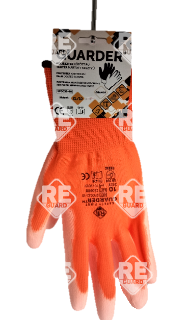 Guarder Polyester Handschuh mit PU beschichtete Handfläche orange Gr: 10