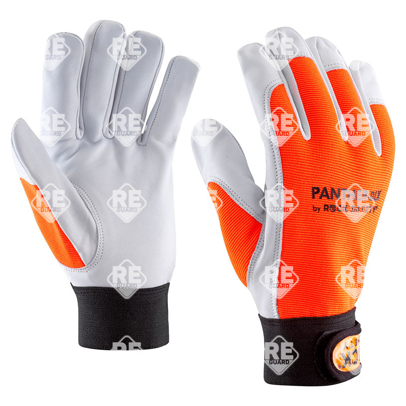 Handschuh aus Kernziegenleder mit warnorange Handrücken und Klettverschluss, Größe 8