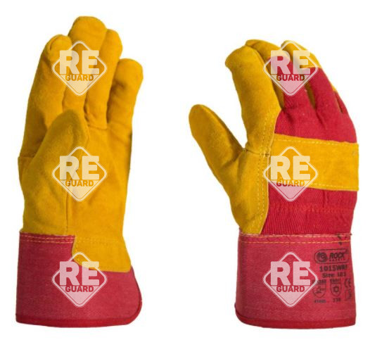 Winterhandschuh mit Handfläche aus Rindspaltleder, gelb mit Handrücken aus rotem Leinen, Größe 10,5, mit Filzfutter