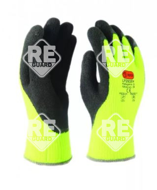 Gestrickter Winterhandschuh gelb mit schwarzer Latexschaum-Handflächen- und Daumenbeschichtung, Größe 9, mit flauschigem Futter